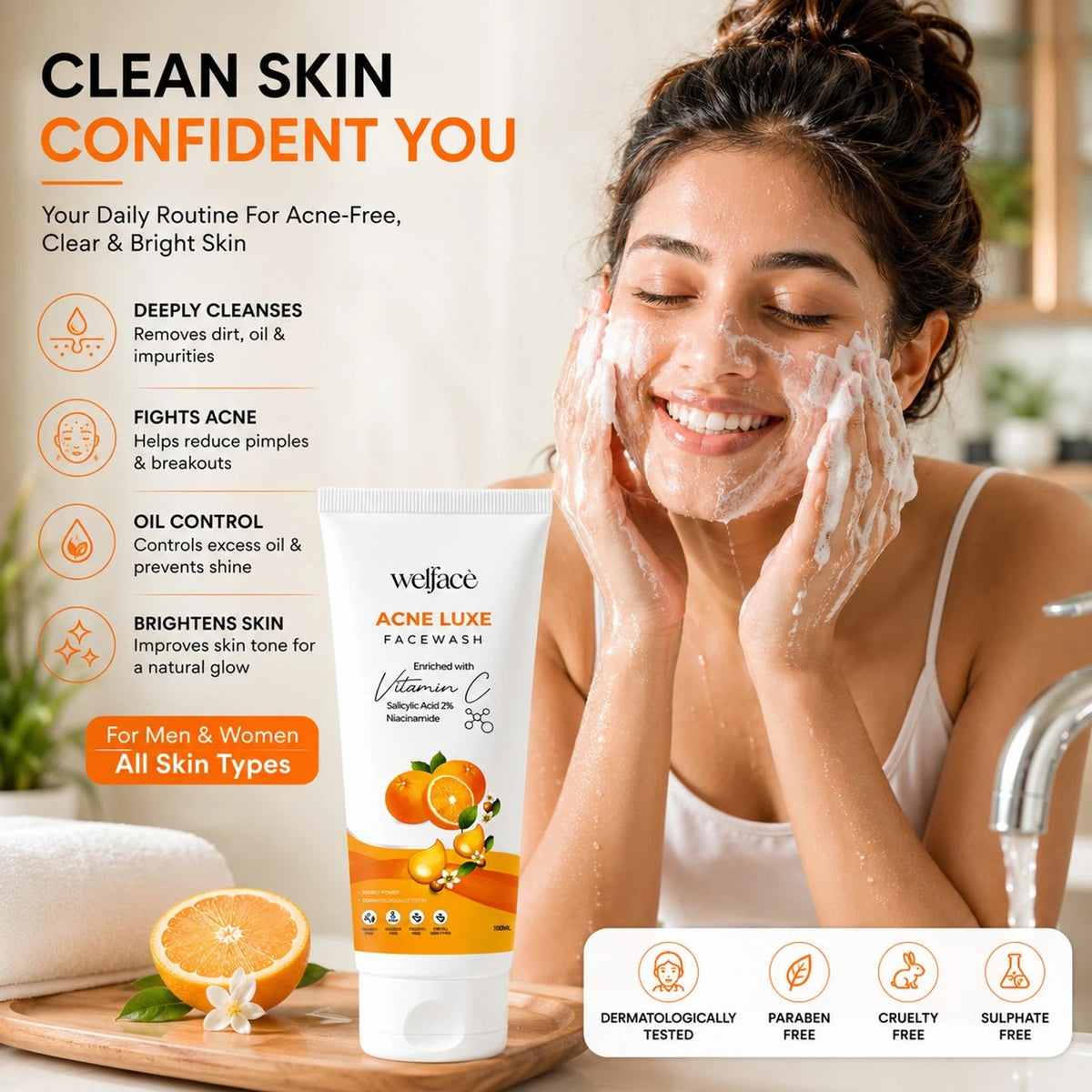 Acne Luxe Face Wash- Vitamin C, 2% Salicylic Acid & Niacinamide | Oil Control, Pimple Care, Deep Cleansing & Skin Brightening Formula